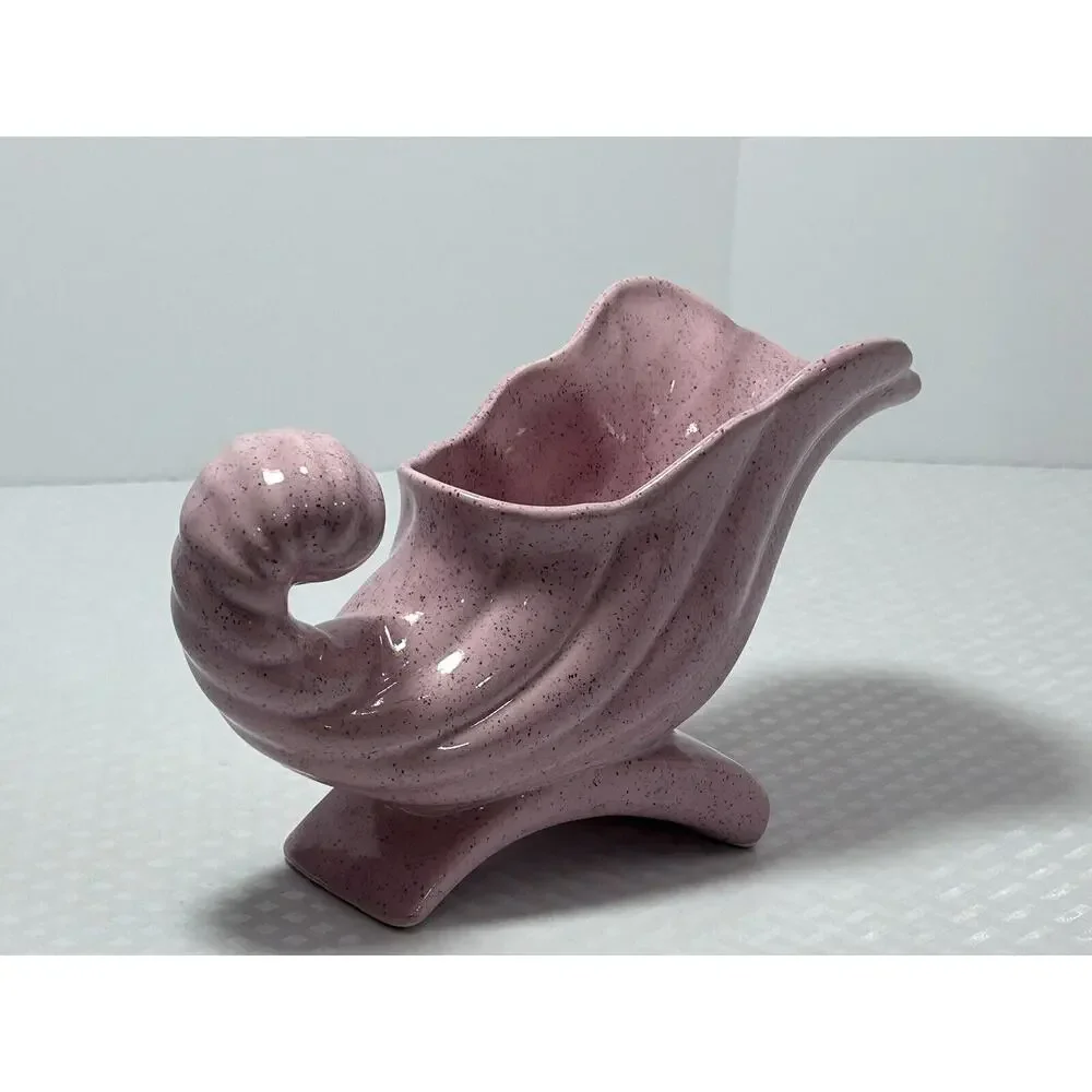 Vintage‎ Cornucopia Horn Art Plenty Pottery Vase Planter Pink Speckled Glaze